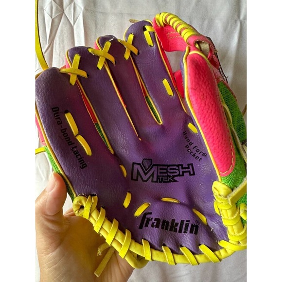 FRANKLIN Tee Ball Glove 22814L Pink/Purple/Green Mesh Mitt 9 1/2 inch, LHT - Picture 2 of 10